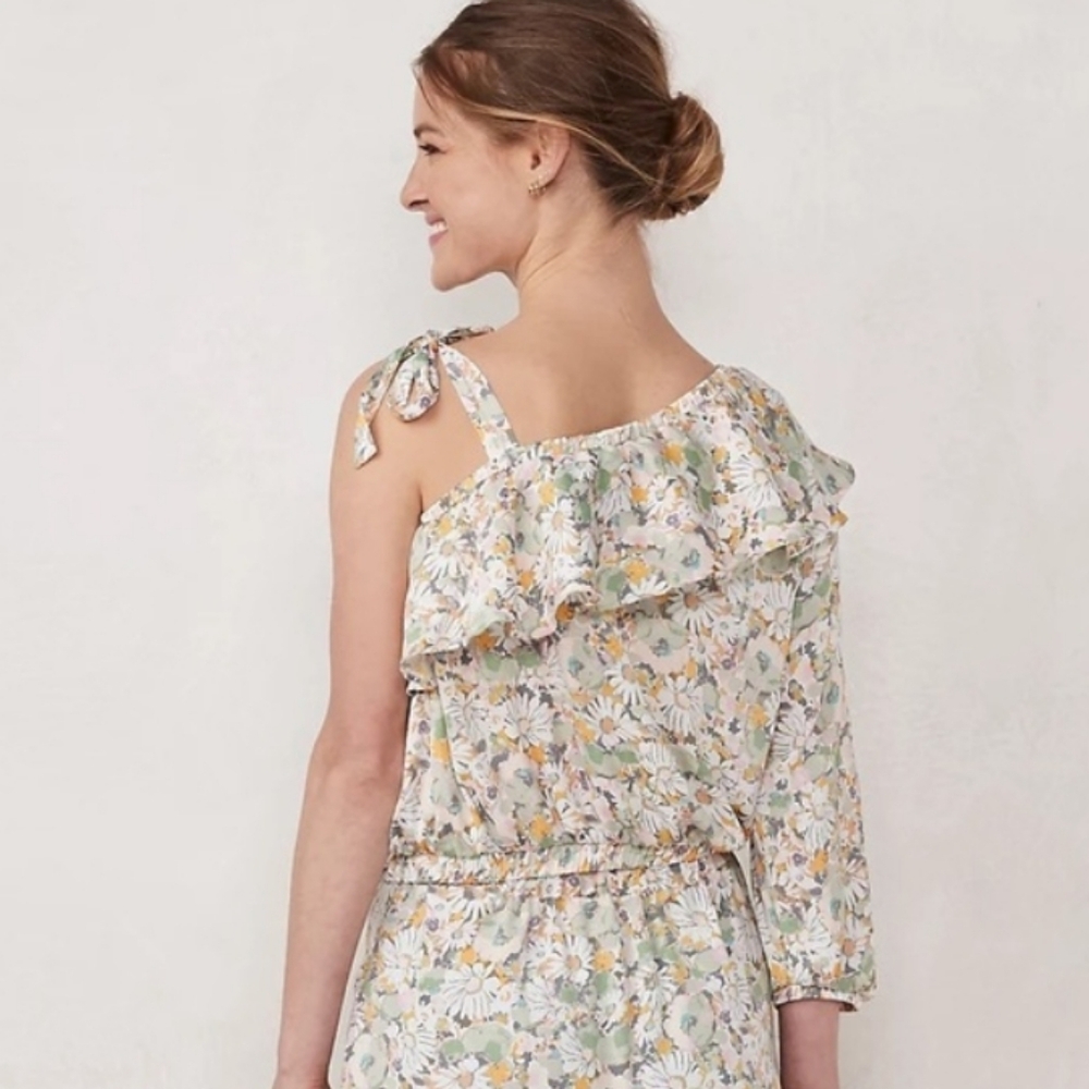 Lauren Conrad Ruffle Lady Daisies Pastel Satiny One-Shoulder Tie Top Sz L NWOT - Picture 2 of 11